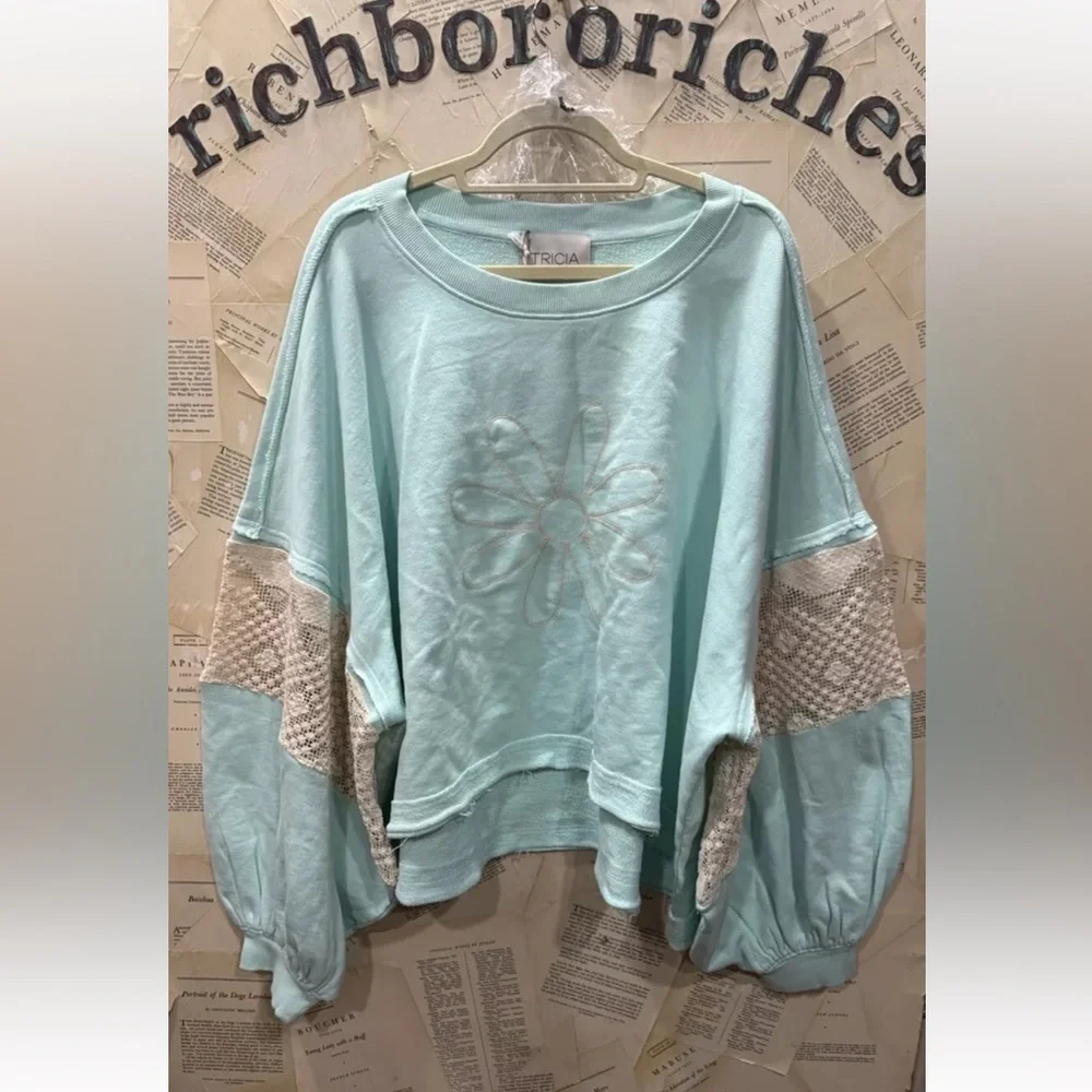 Free People Tricia Fix Chain Stitch Crew Sweatshirt Crochet Kelly Green Daisy - Picture 5 of 7